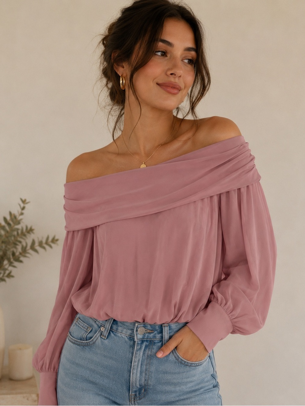 Free People Draped Off-Shoulder Blouse in Mauve Pink 0091